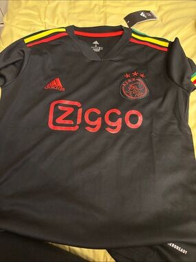 adidas mens Ajax Ziggo Jersey - Black with Red and Yellow/Green Shoulder Stripes